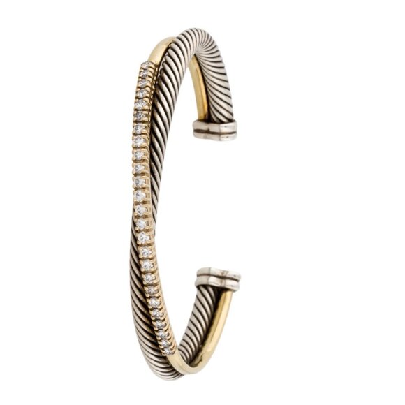 DAVID YURMAN TWO-TONE DIAMOND 1.25 CTW CROSSOVER ROW CUFF BRACELET - Picture 2 of 7